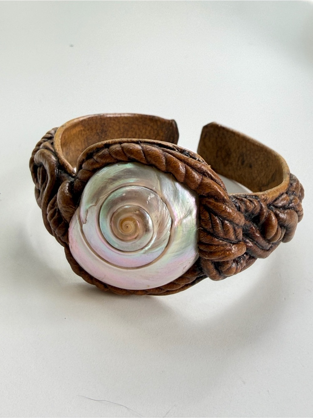 Vintage Artisanal Carved Resin & Turban Shell Operculum Cuff Bracelet